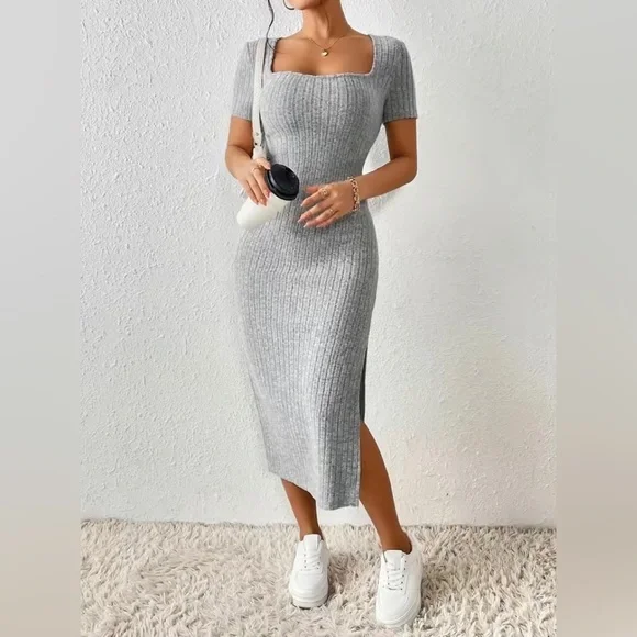 Soft Gray Ribbed Square Neck Side Slit Midi Dress - Picture 2 of 5